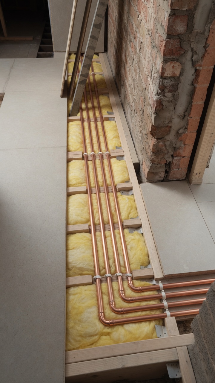 Neat underfloor copper pipe runs