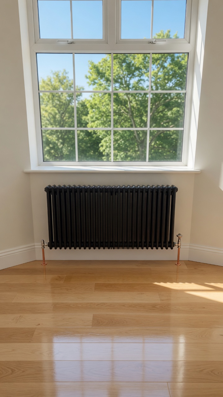 Column radiator fitted under bay window
