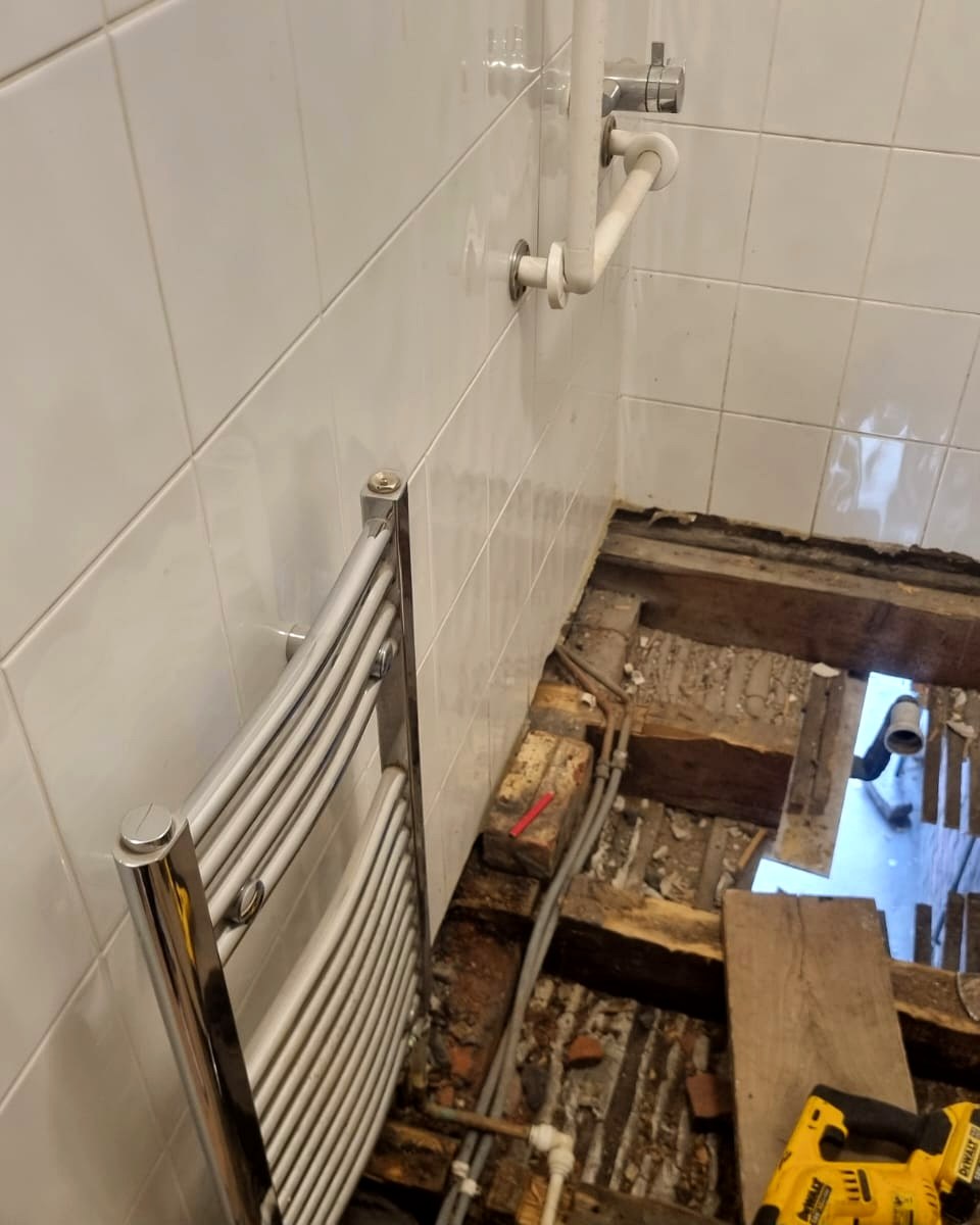 Shower floor open during renovation
